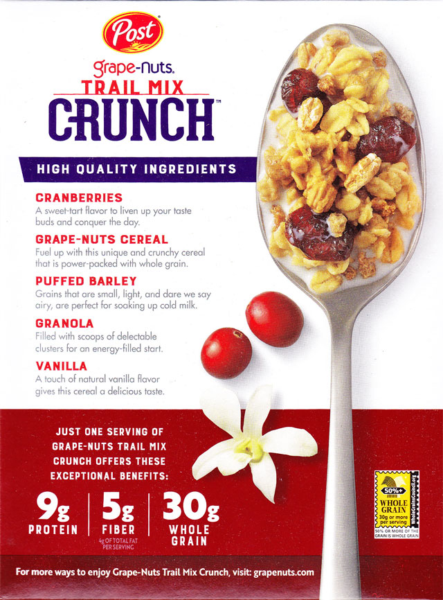 2018 Cranberry Vanilla Grape-Nuts Trail Mix Crunch Cereal Box - Back