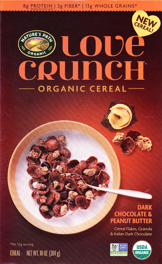 Dark Chocolate & Peanut Butter Love Crunch Cereal Box - Front
