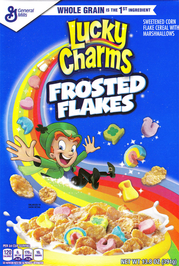 Lucky Charms Frosted Flakes Cereal Box - Front