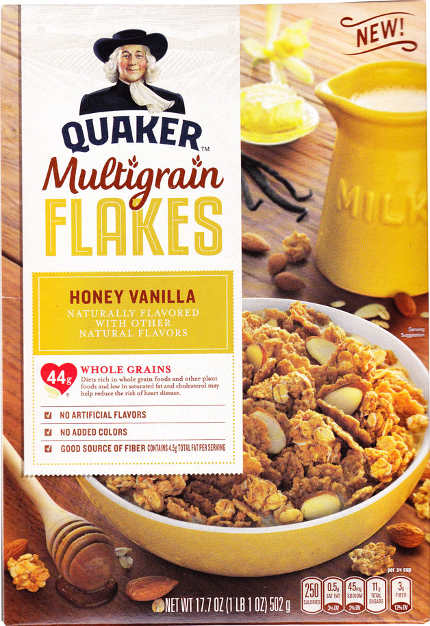 Quaker Honey Vanilla Multigrain Flakes Cereal Box