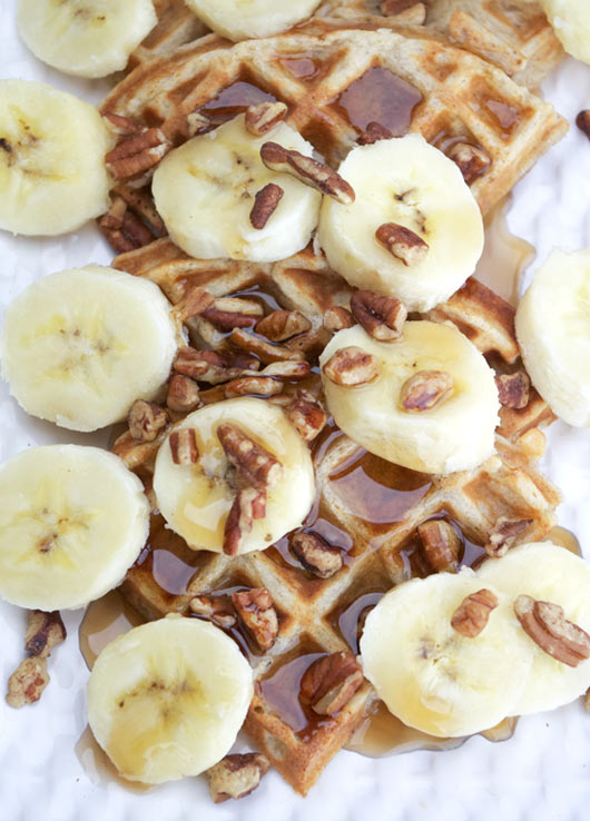 Crispy Banana Waffles With Maple Syrup And Pecans