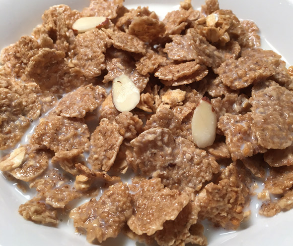 A bowl of Quaker Honey Vanilla Multigrain Flakes Cereal