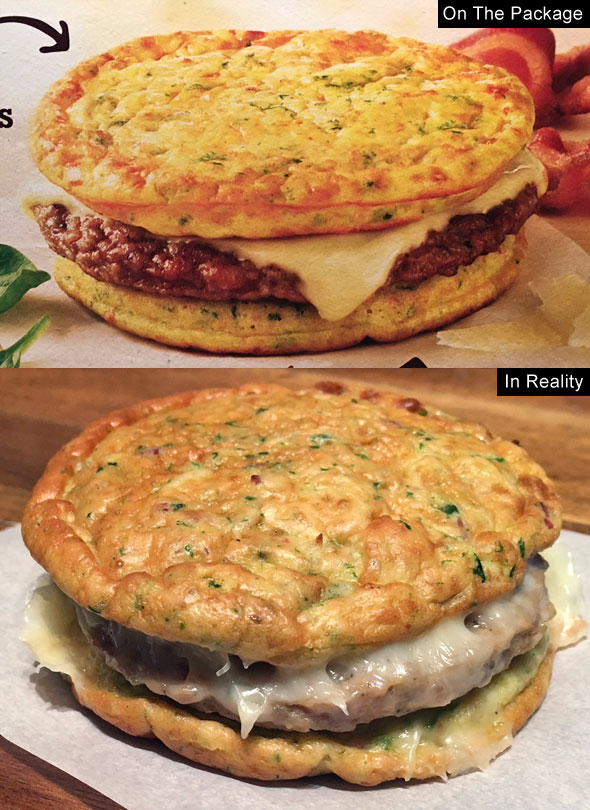 Jimmy Dean Delights Egg'wich In Reality: Bacon, Spinach, Caramelized Onion and Parmesan Egg Frittatas with Turkey Sausage and Cheese