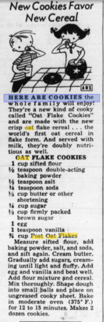 1961 Post Oat Flakes Recipe