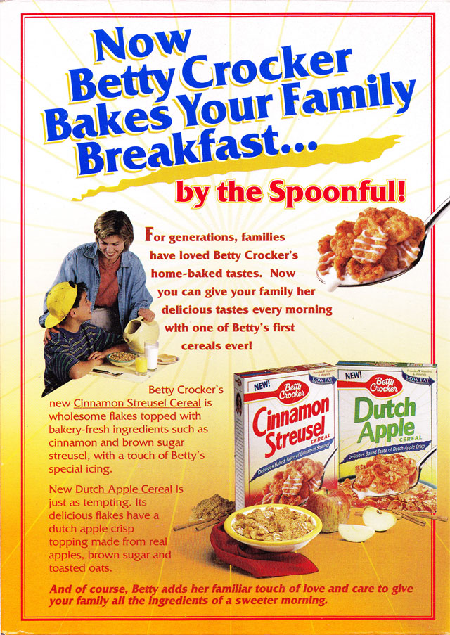 Betty Crocker Cinnamon Streusel Cereal Box (Back) Betty Crocker Cinnamon Streusel Cereal Box (Back)