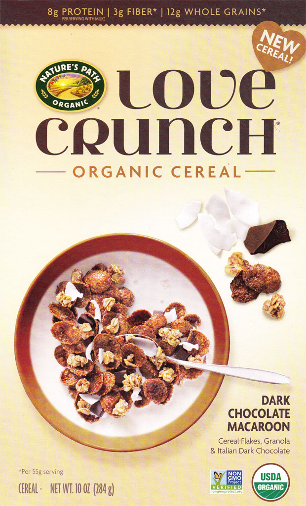 Love Crunch Dark Chocolate Macaroon Cereal Box - Front