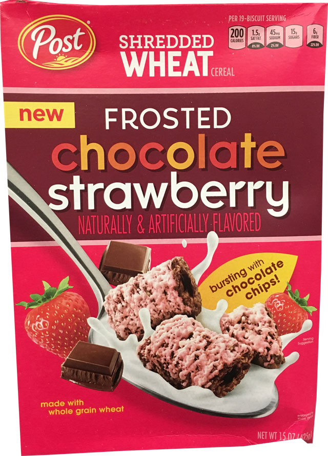 Post Frosted Shredded Wheat Chocolate Strawberry Cereal Box