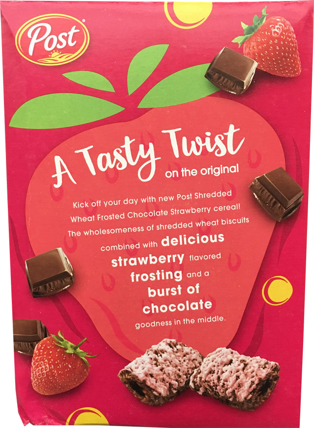 Post Frosted Shredded Wheat Chocolate Strawberry Cereal Box - Back