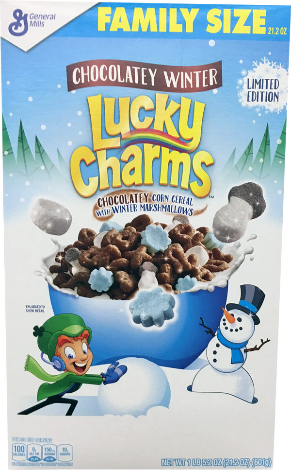 Chocolatey Winter Lucky Charms Cereal Box
