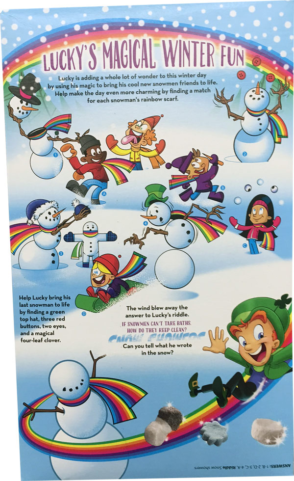 Chocolatey Winter Lucky Charms Cereal Box - Back Chocolatey Winter Lucky Charms Cereal Box - Back