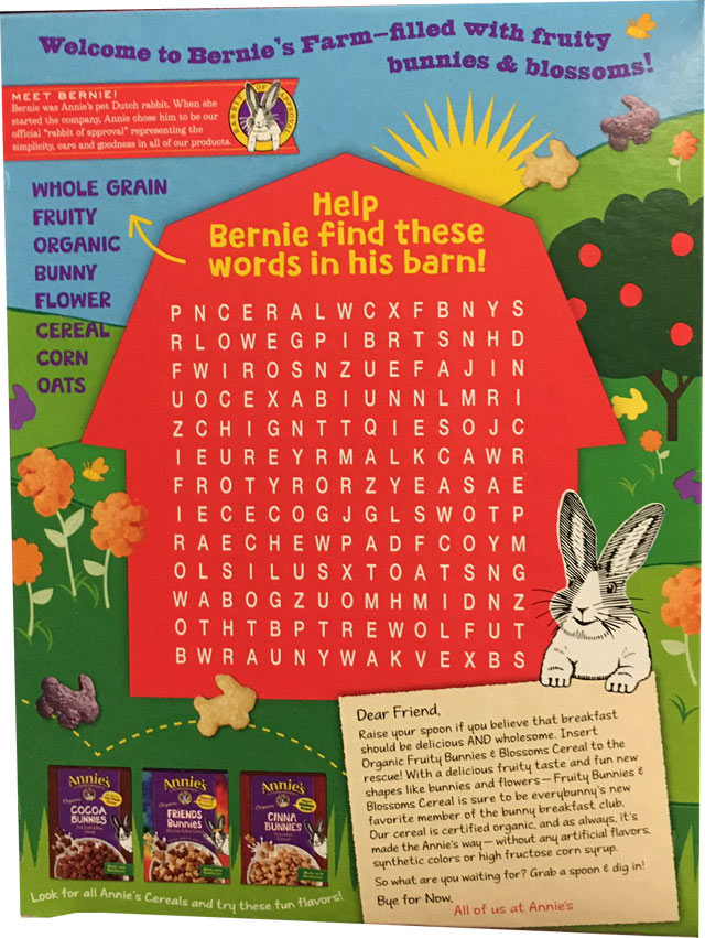 Bunnies & Blossoms Cereal Box - Back Bunnies & Blossoms Cereal Box - Back