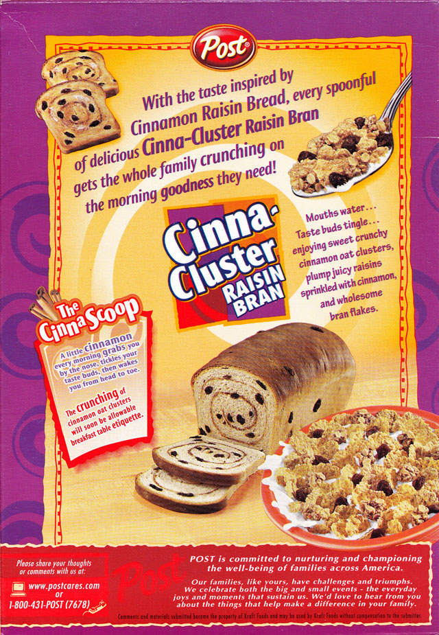 Cinna-Cluster Raisin Bran Cereal Box (Back)