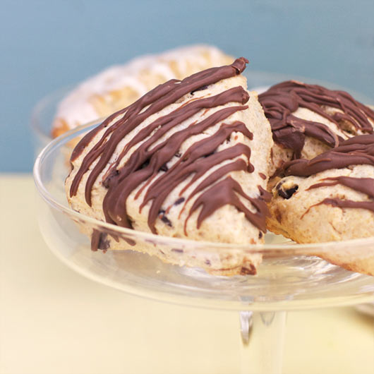 Chocolate Chip Scones on a Cake Stand