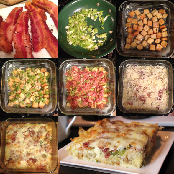 Making a Bacon Crouton Breakfast Casserole