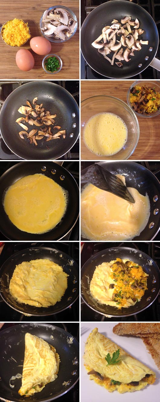 Making A Cheesy Mushroom Omelet