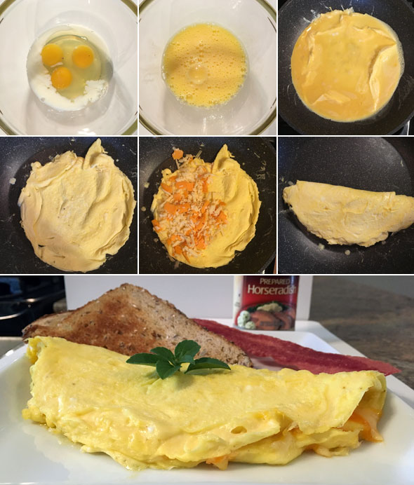 Making a Three Cheese Horseradish Omelet