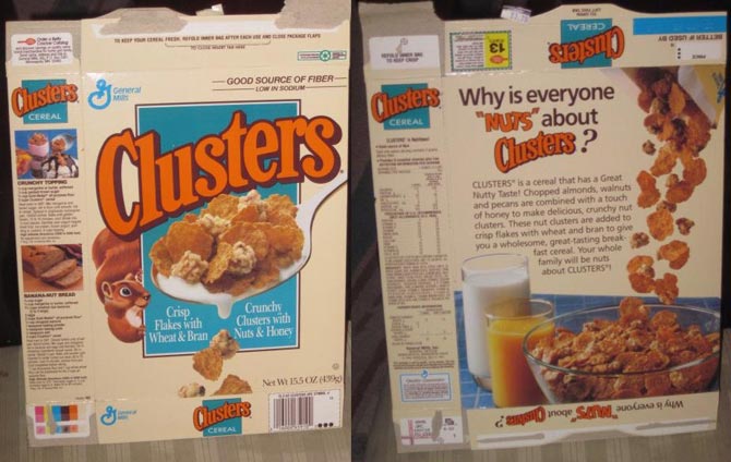 Clusters Cereal Box