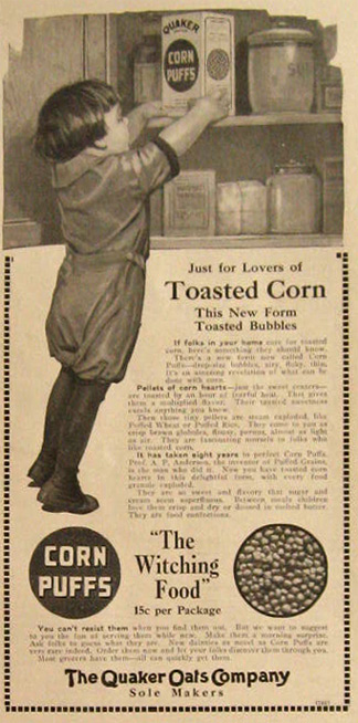 1915 Quaker Corn Puffs Witching Food Ad