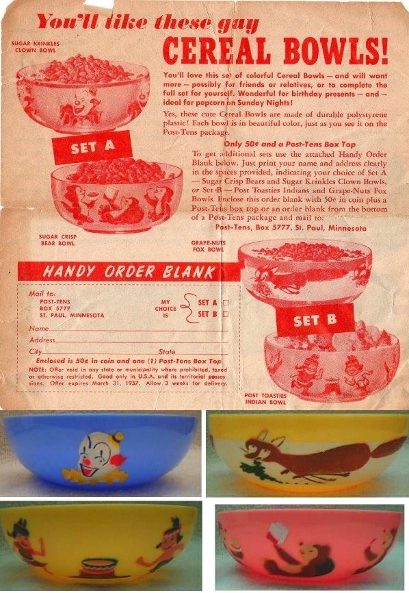 1957 Sugar Crisp Gay Cereal Bowls